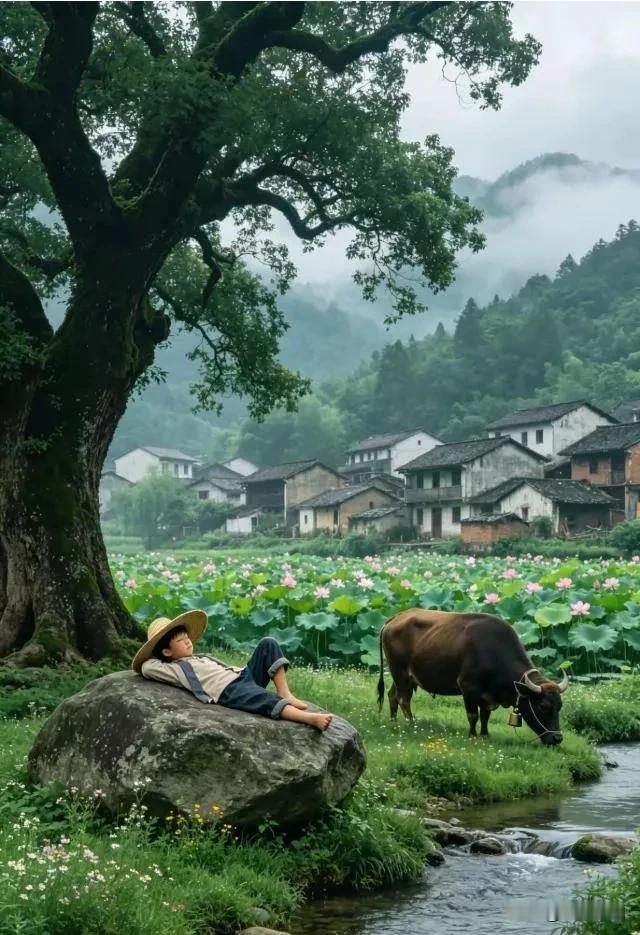 七律《牧童》古槐荫下纳晓凉，老牛闲傍碧溪塘。田田翠盖荷花绽，隐隐青峰