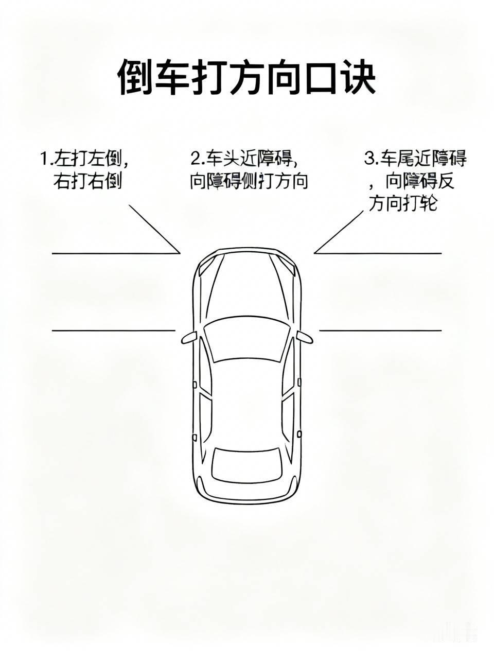 新手牢记倒车打方向口诀1、倒车的时候，往左打方向，车尾就会往左走，往右打方向，