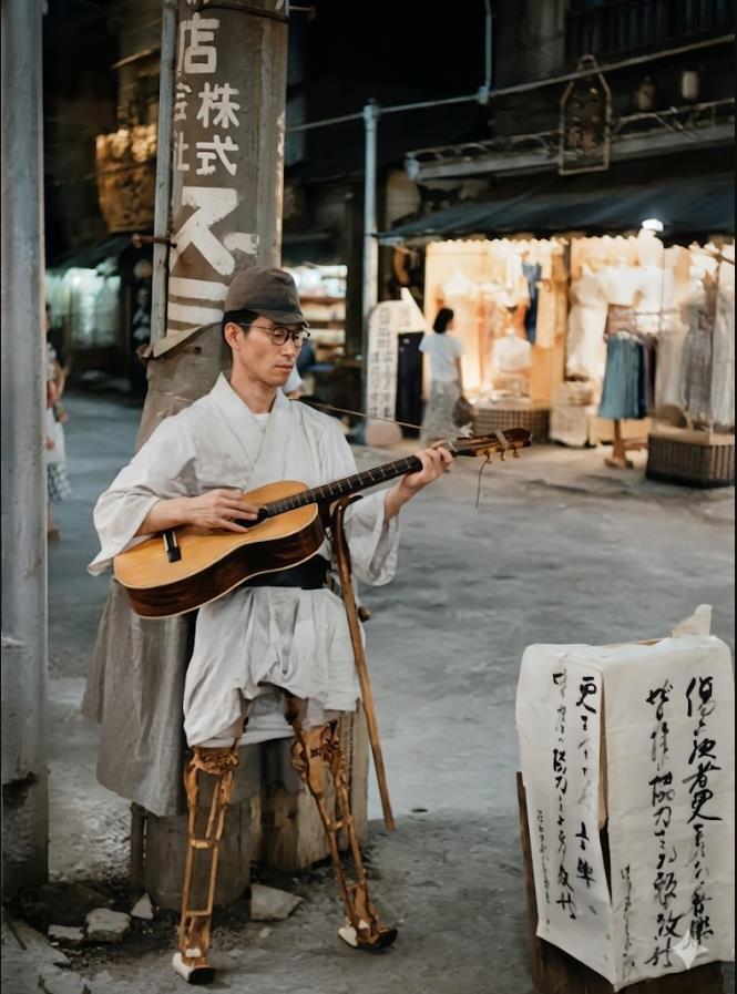1951年，东京浅草区，一位失去双腿、装上义肢的鬼子兵，坐在街边弹奏吉他乞讨。