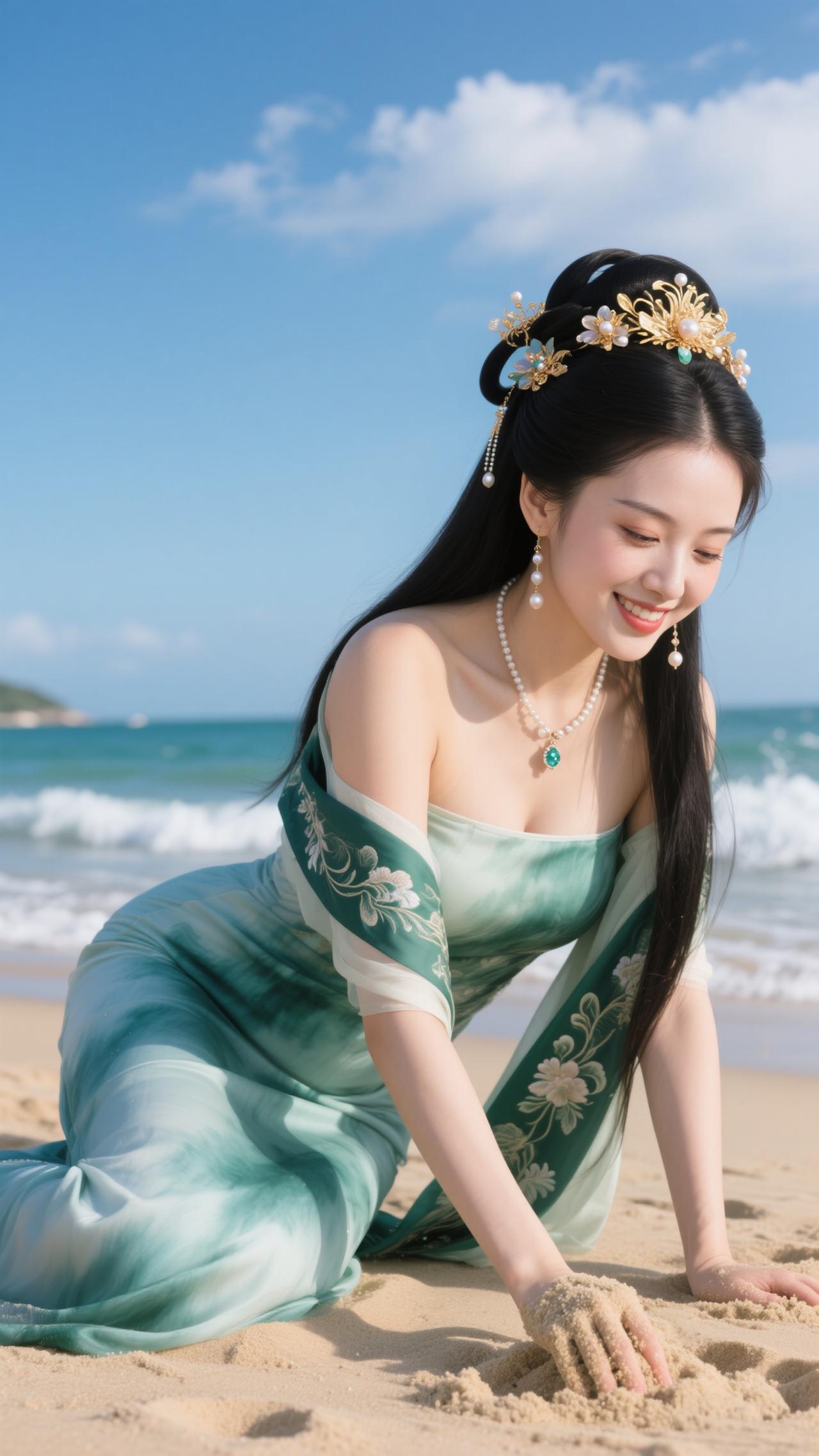 碧海漾清辉，沙岸凝翠影，佳人着青绫罗裙卧于银滩，金簪垂珠摇落海风，青丝漫卷如墨浪