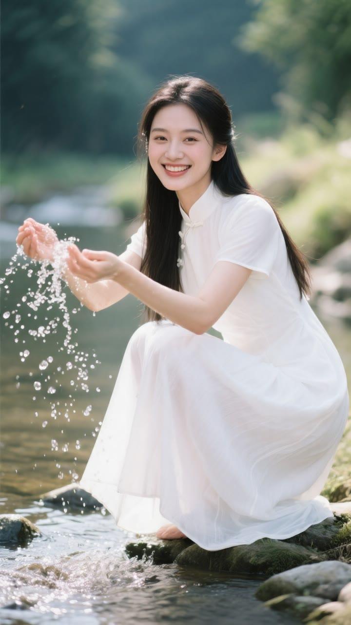 水清见底，笑语盈盈。