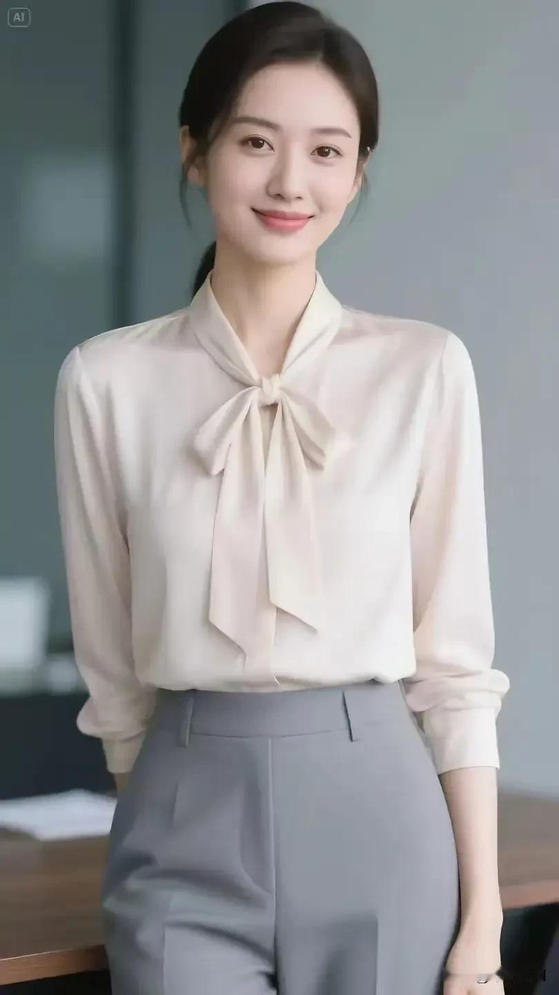 🎀柔粉飘带衬衫配烟管裤，把职场里的温柔与利落平衡得刚好，笑意里藏着从容的底气
