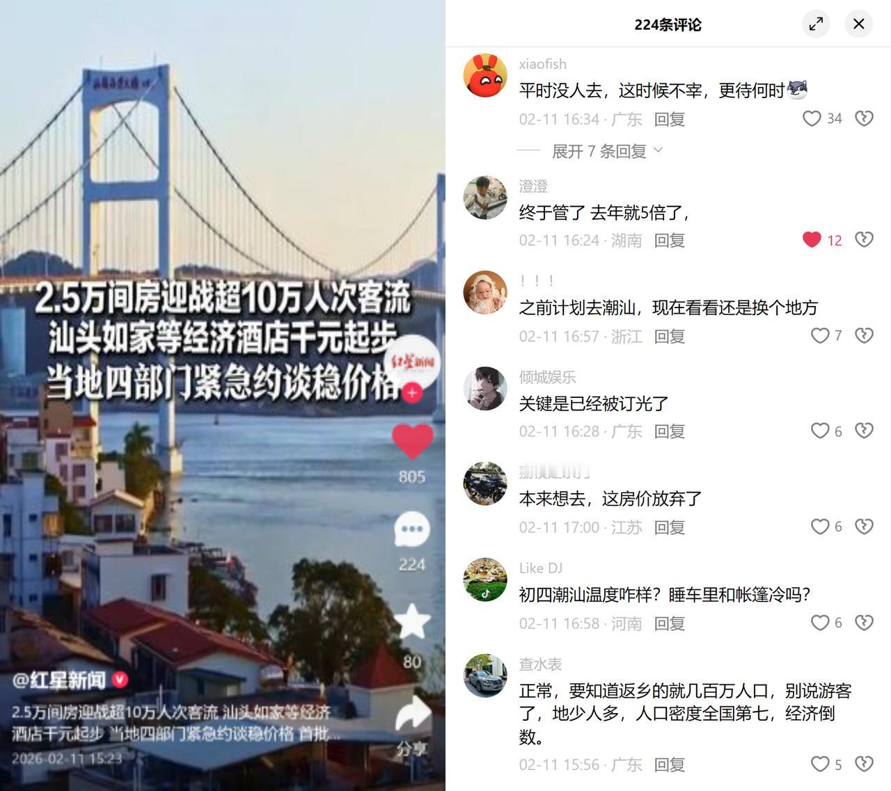 汕头酒店涨至4000+！春节汕头游客挤爆，2.5万间房迎战超10万客流。