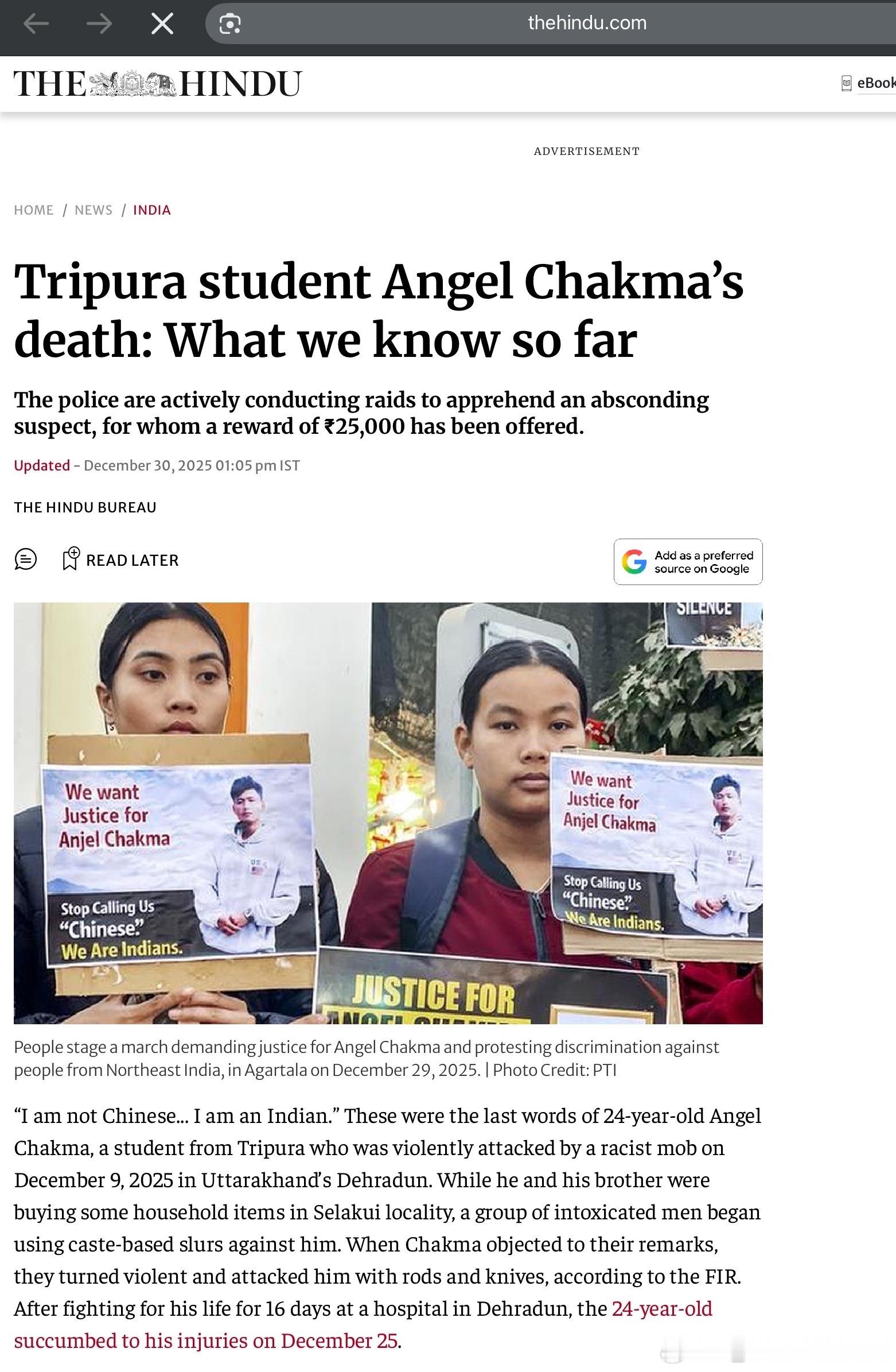 根据印度媒体报道，印度特里普拉邦发生一起“疑似种族歧视谋杀”案件，一名叫Ange