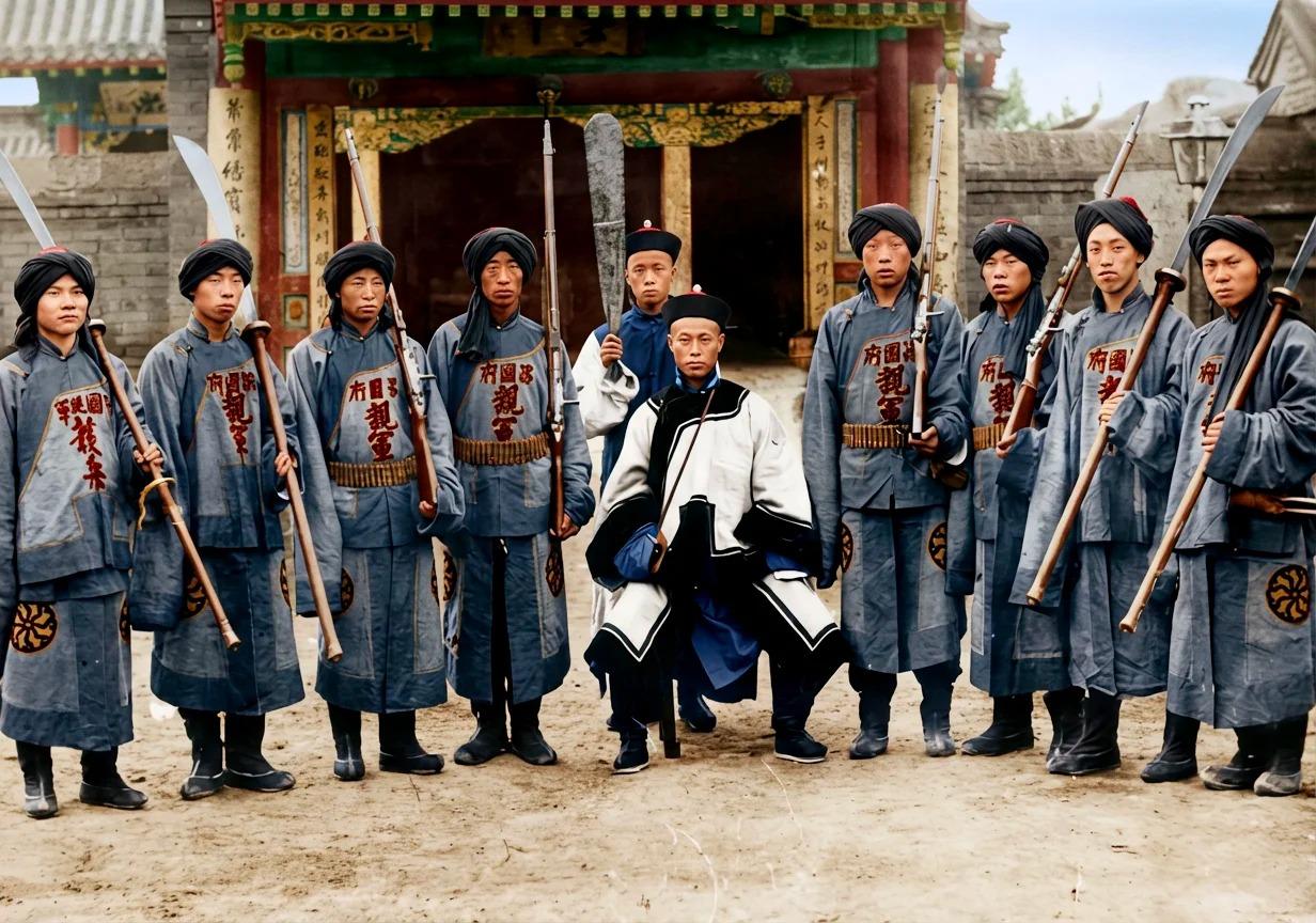 这张老照片定格了晚清一支亲兵小队与长官的合影，八名士兵分列两侧，身着统一的灰布号