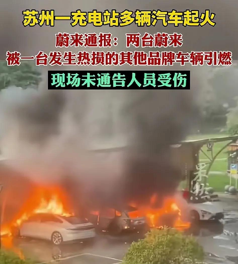 小米su7车主也太倒霉了[捂脸哭]一充电站内一辆发生热损的新能源起火，引燃了