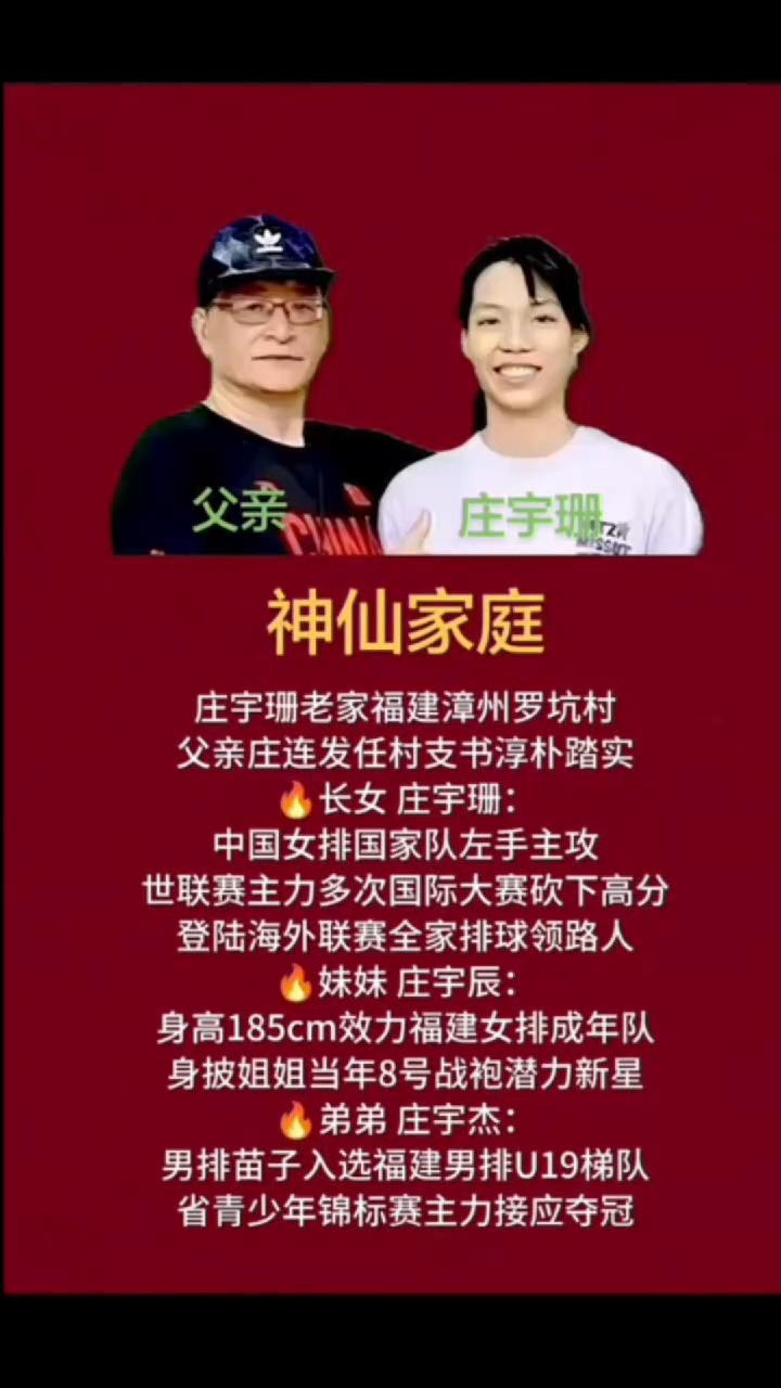 父亲庄宇珊，神仙家庭。庄宇珊老家福建漳州罗坑村，父亲庄连发任村支书，淳朴踏实。