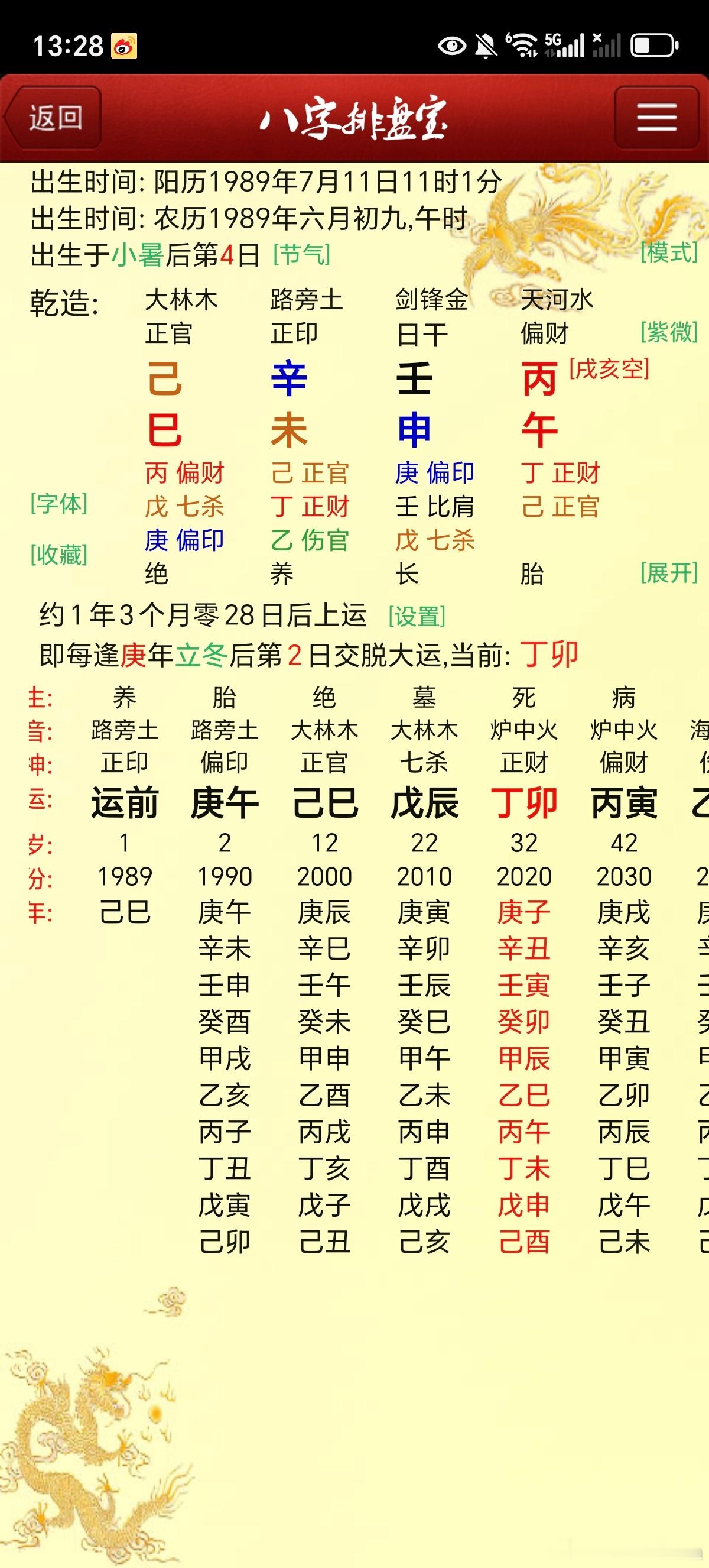 八字投稿：农历八九年六月初九午时出生男命己巳辛未壬申丙午大运庚午己巳