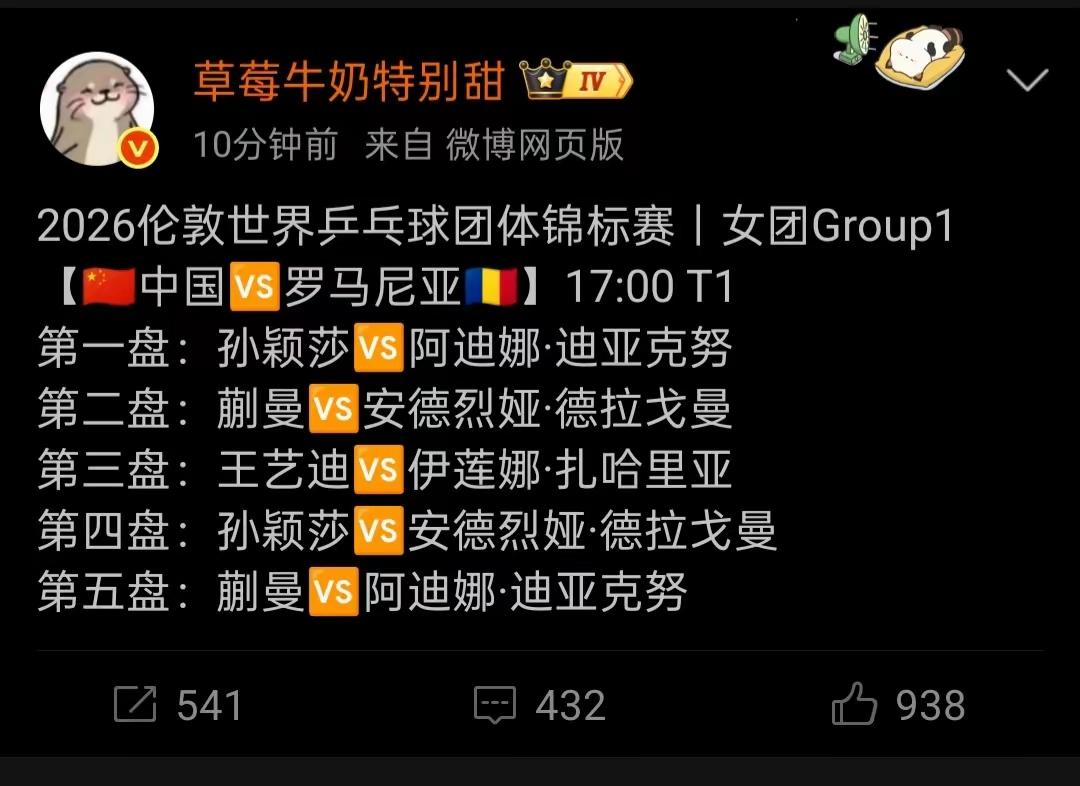 国乒女队今天下午17:00对阵罗马尼亚队阵容出炉：一单：孙颖莎二单：蒯曼三