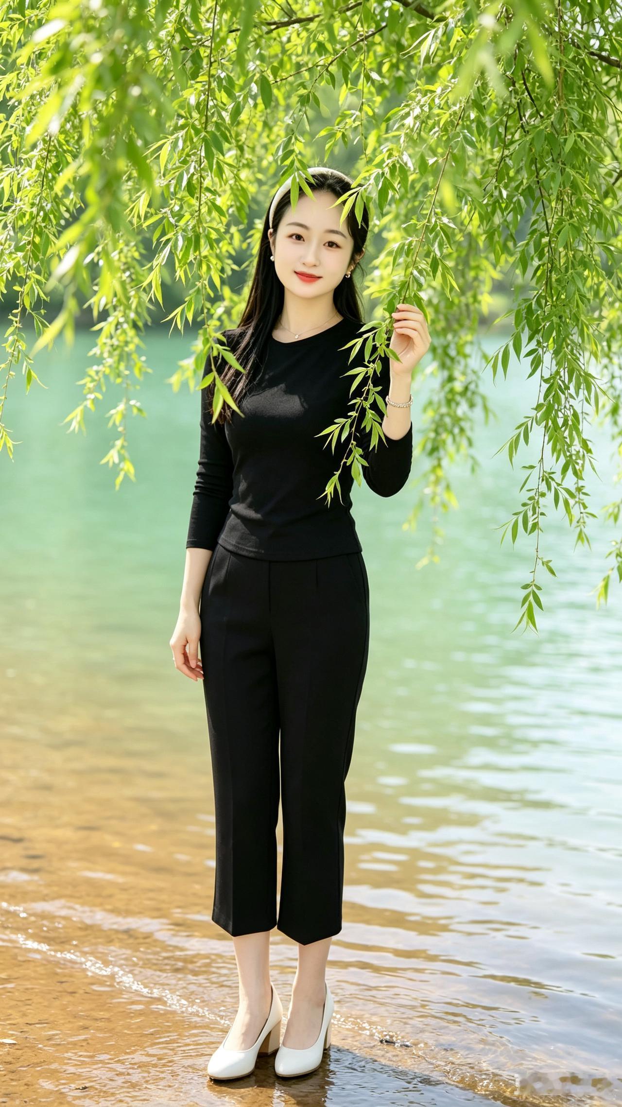 垂柳夏韵柔绦拂面浴晴晖，浅笑盈盈满院菲。柳畔清风凝丽影，一川夏水醉韶姿。