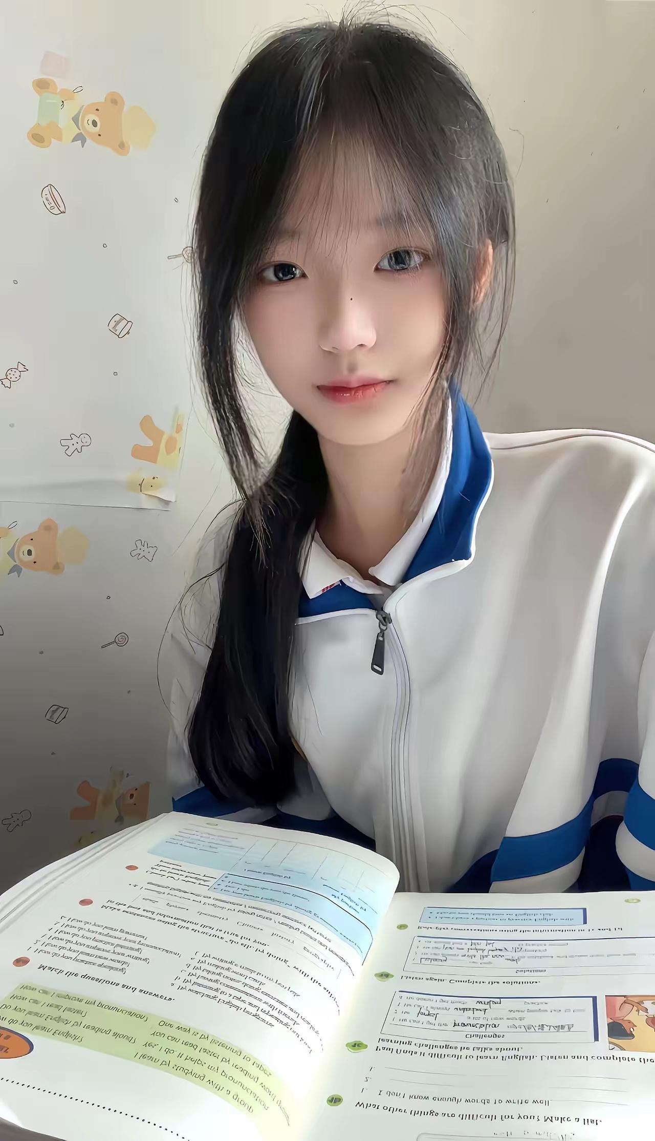 一个女孩在认真学习。