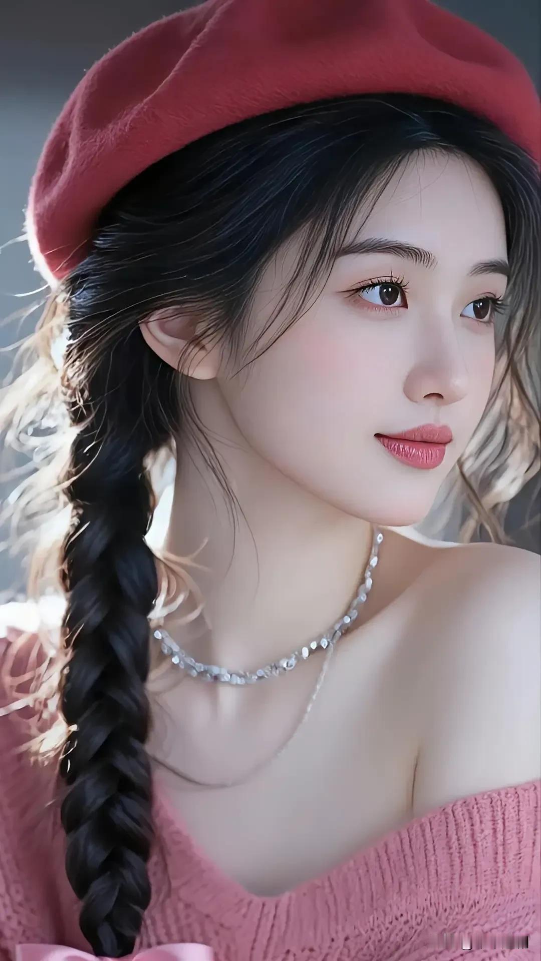 酒红贝雷裹着柔风，辫梢晃着轻暖，颈间银链是揉进光里的甜。贵气女人味酒红耳环