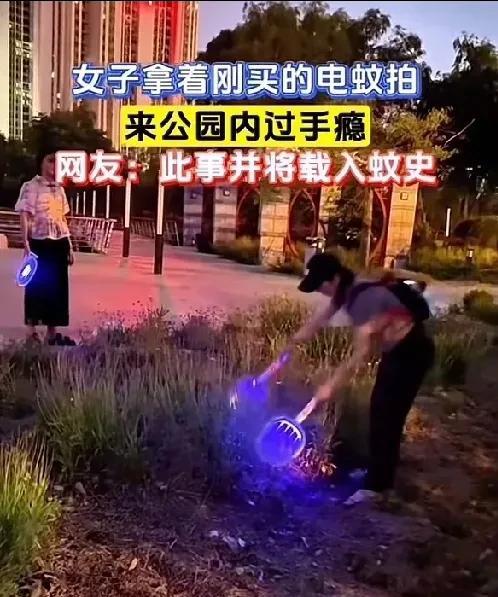 一位美女手持新买的电蚊拍到公园里测试电蚊拍的效果，随着美女的电蚊拍左右挥舞，爆发