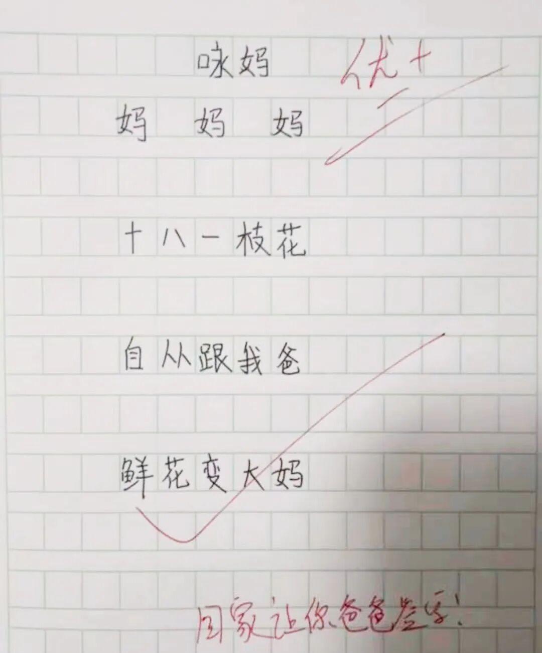 一位小学生写的关于妈妈的诗，还是仿《咏鹅》写的，看完不禁捧腹大笑！老师的批语更是