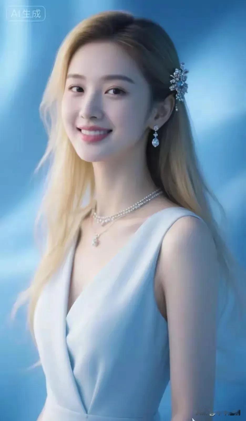 浅蓝裙裾裹着柔雾，发间碎钻碰响月光，笑意漫开时，连空气都浸了层珍珠色的甜。