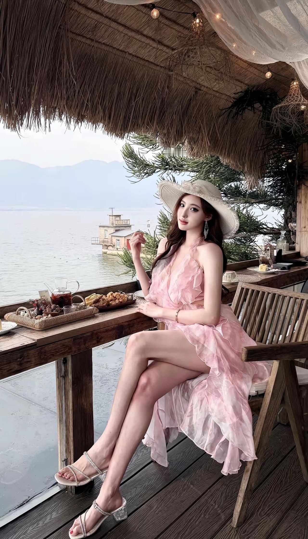 海边度假风，粉色连衣裙，享受悠闲时光