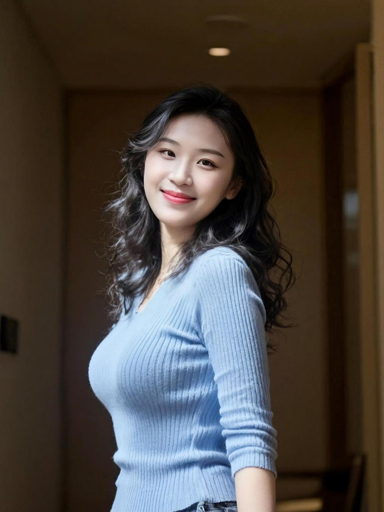 在柔和的灯光下，蓝色毛衣勾勒出温暖的轮廓，仿佛是冬日里的一抹温柔。背景的暖色调与