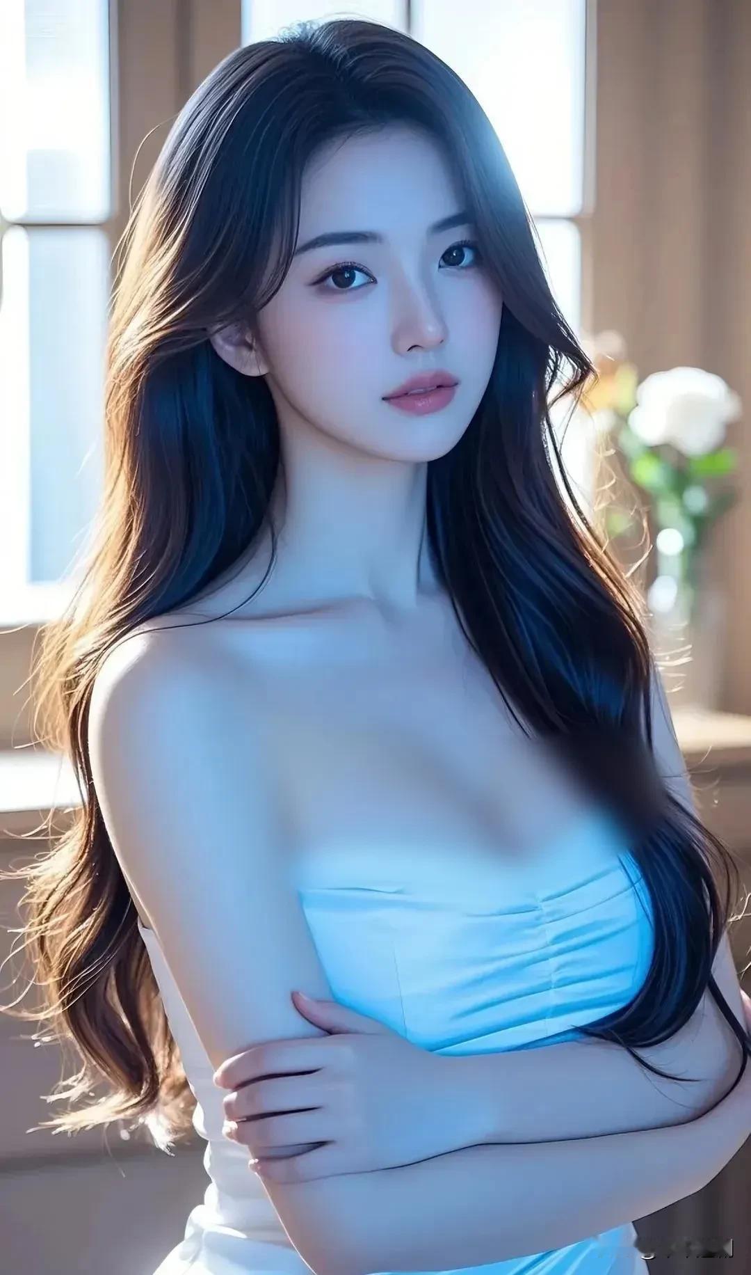 柔蓝的光线漫过肩头，蓬松卷发衬着清冷的眉眼，一抹浅粉唇色添了几分温柔，在静谧的空