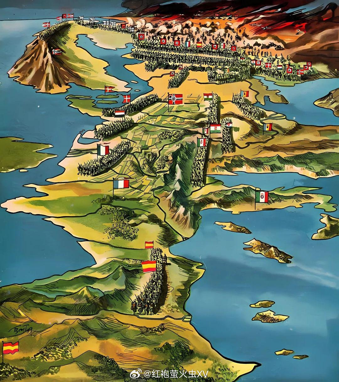 1943年纳粹德国宣传杂志《信号》插图。这幅图展现了轴心国入侵苏联的情景。它将