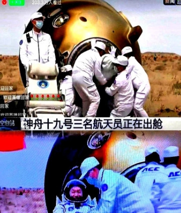 舱门打开的时候，航天员蔡旭哲第一个出舱门，但是我发现了一个让人心疼的细节：他右手