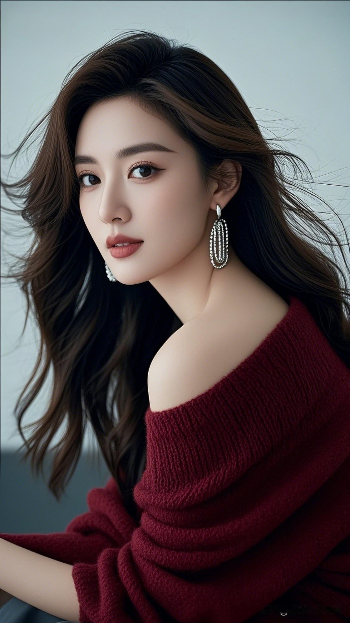 黑发如瀑，笑颜如花🌸✨可以分享一下你认为最美的照片好吗优雅红衣少女，闪耀耳环