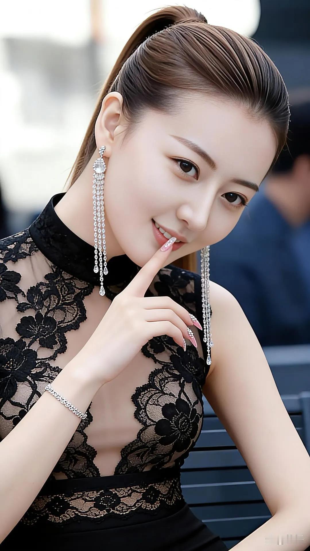 优雅黑裙，精致妆容，指尖轻触，尽显迷人魅力。