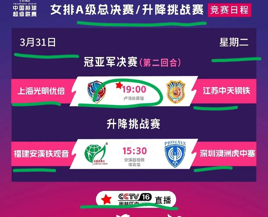 央视今天直播冠亚军决赛！中国排协更新了今天的赛程海报！增加了央视直播信息，央视体
