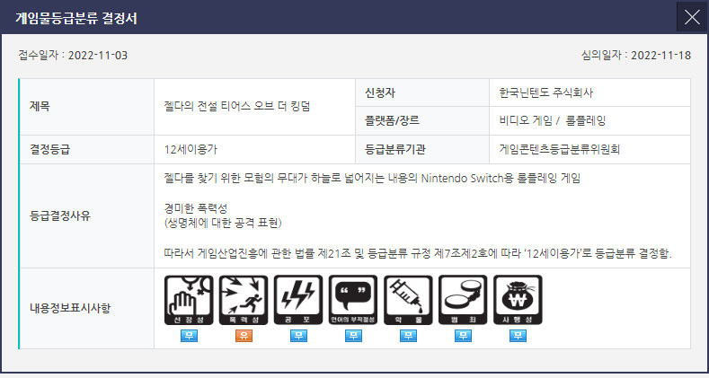 《塞尔达传说 王国之泪》已经在韩国通过分级审核