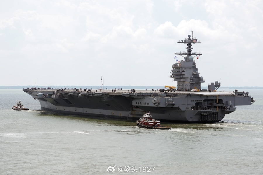 美国海军第二艘福特级核动力航母「约翰·肯尼迪」号（CVN-79）于周三下午驶离纽