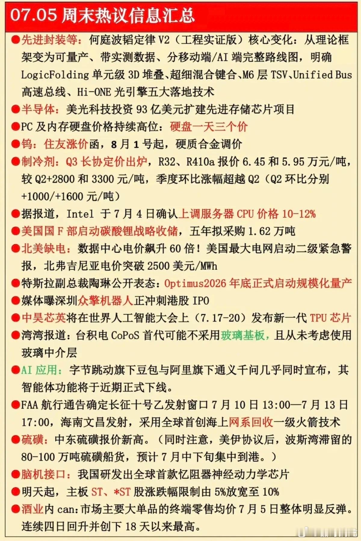 7.5周日周末市场热议方向+财经消息汇总！1.先进封装，韬定律2.PC机及硬