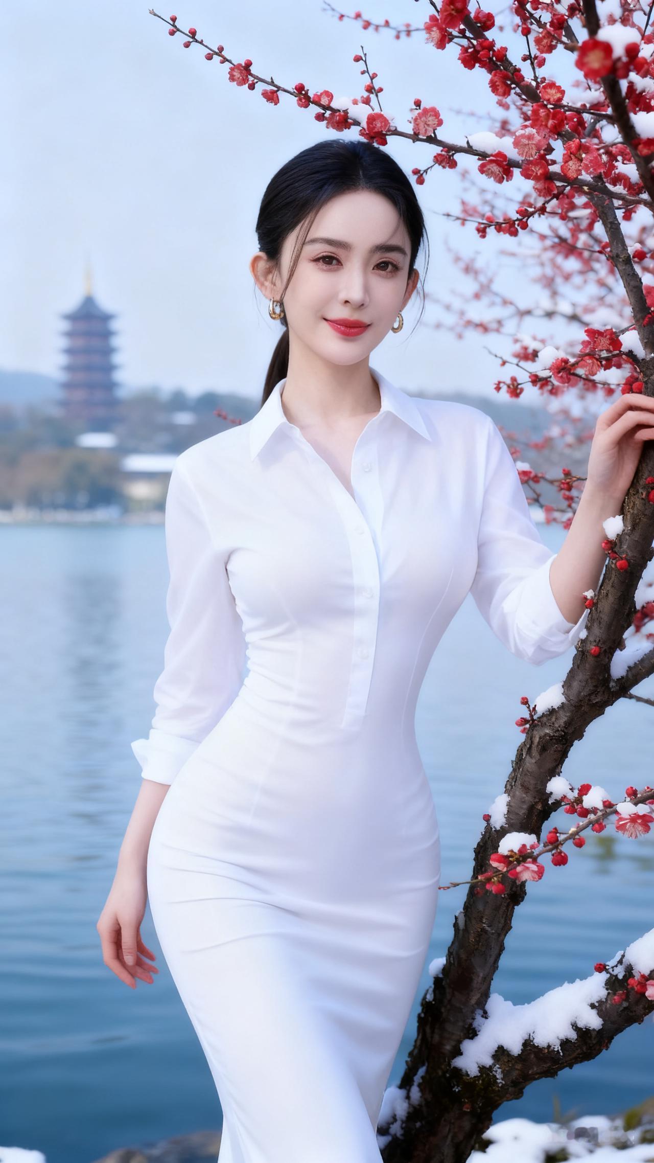 冬日暖阳下的白衣少女，与红梅相映成趣。