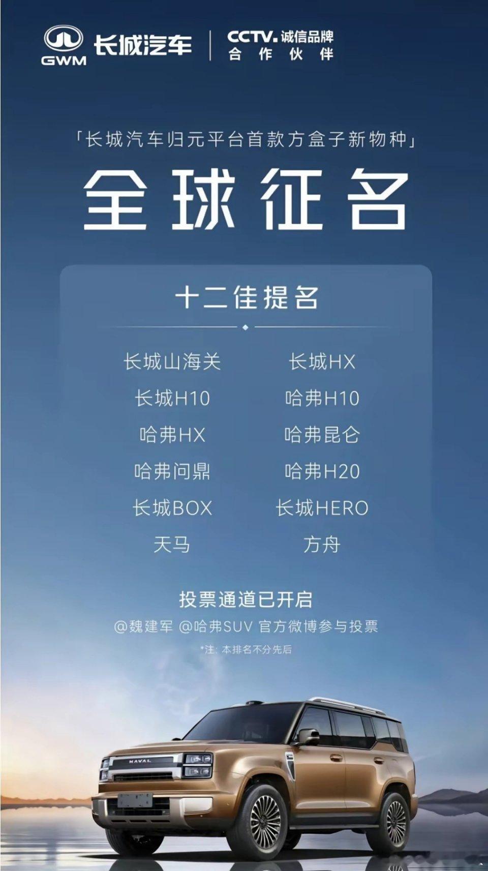 长城归元平台首款方盒子征名前12名已公布，候选里有哈弗HX、也有长城HX。既然归