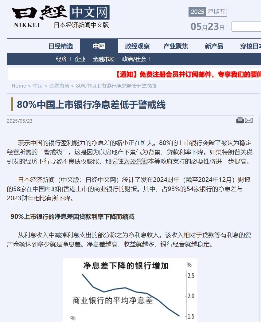 日经说，80%中国上市银行净息差低于警戒线，截至2024年底的平均净息差为1.5