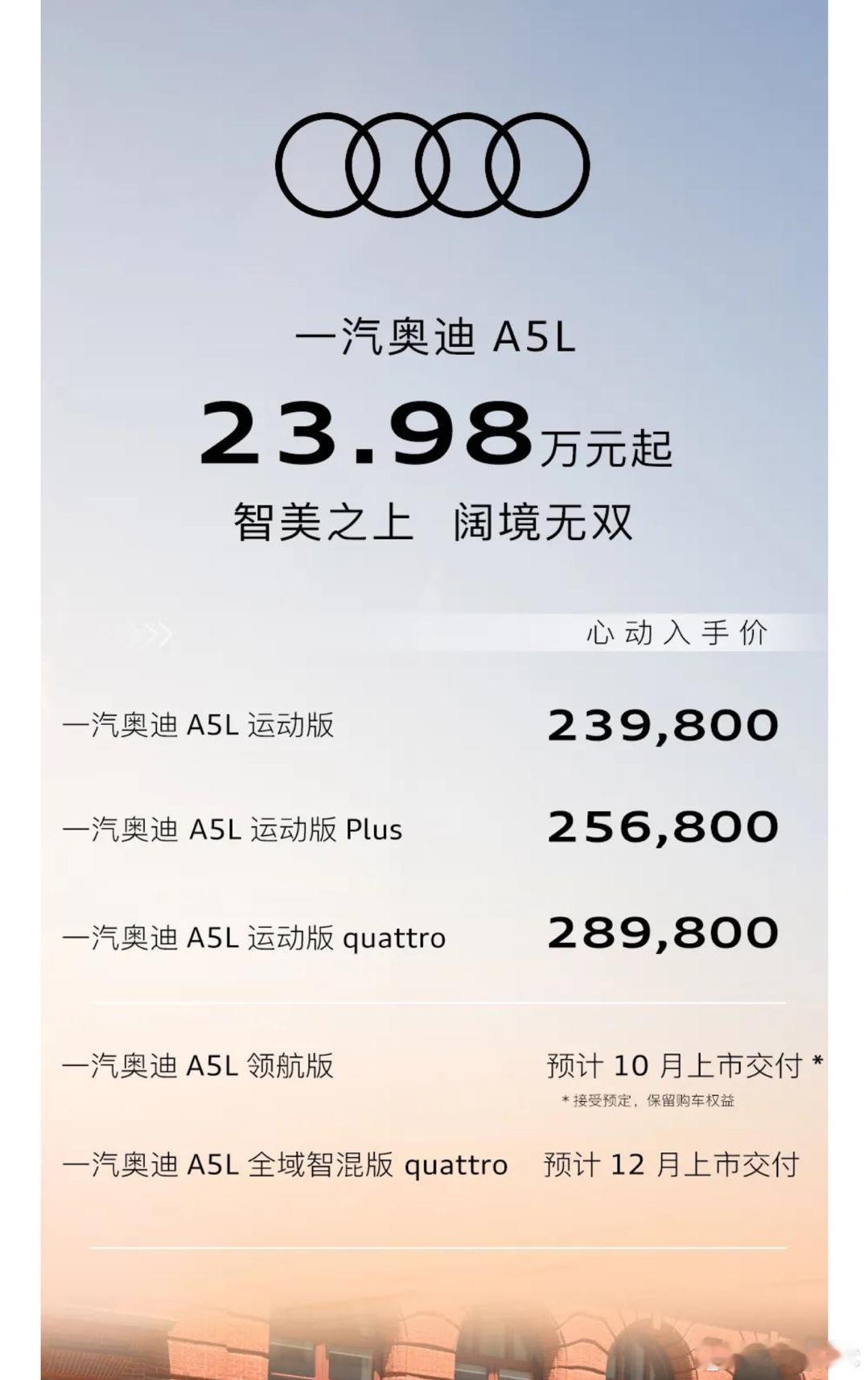 一汽奥迪A5L正式上市，价格挺到位，相比上汽版新增23.98万的入门版本，搭载1