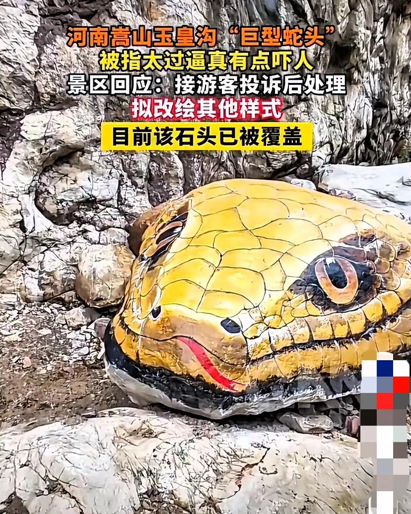 石头也太冤了景区内的“巨型蛇头”已经被盖住！景区接到投诉，巨型蛇头过于逼真