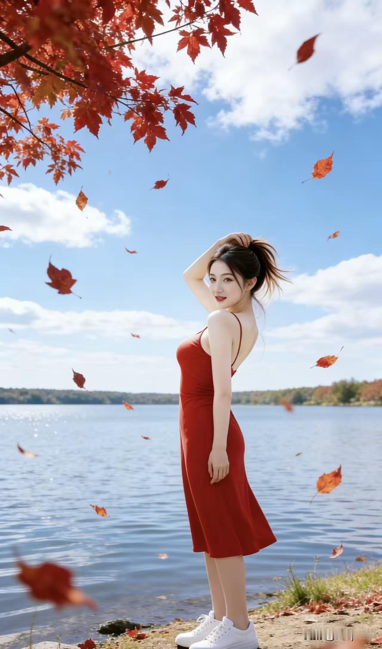 水仙子·湖畔红衣丹枫临水映清光，红衣佳人立岸旁。笑随风起叶飘荡，秋波凝冷