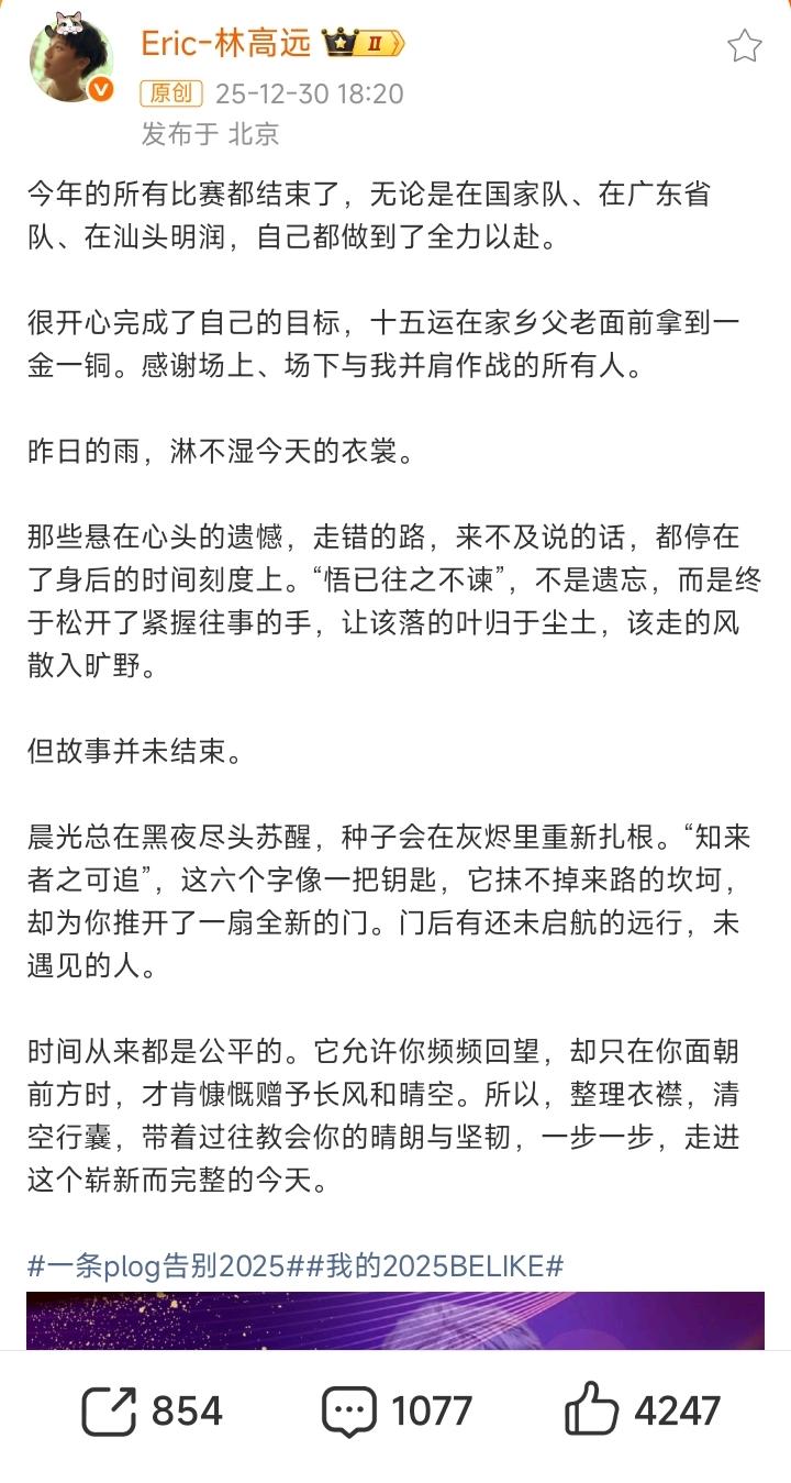 悟已往之不谏，知来者之可追！刚刚！林高远自媒体发文展望2026[赞]！高远在