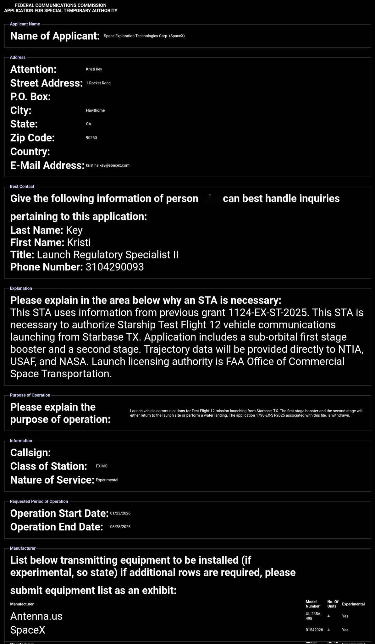 SpaceX向FCC提交Starship第12次飞行的申请文件，文件显示最早的适