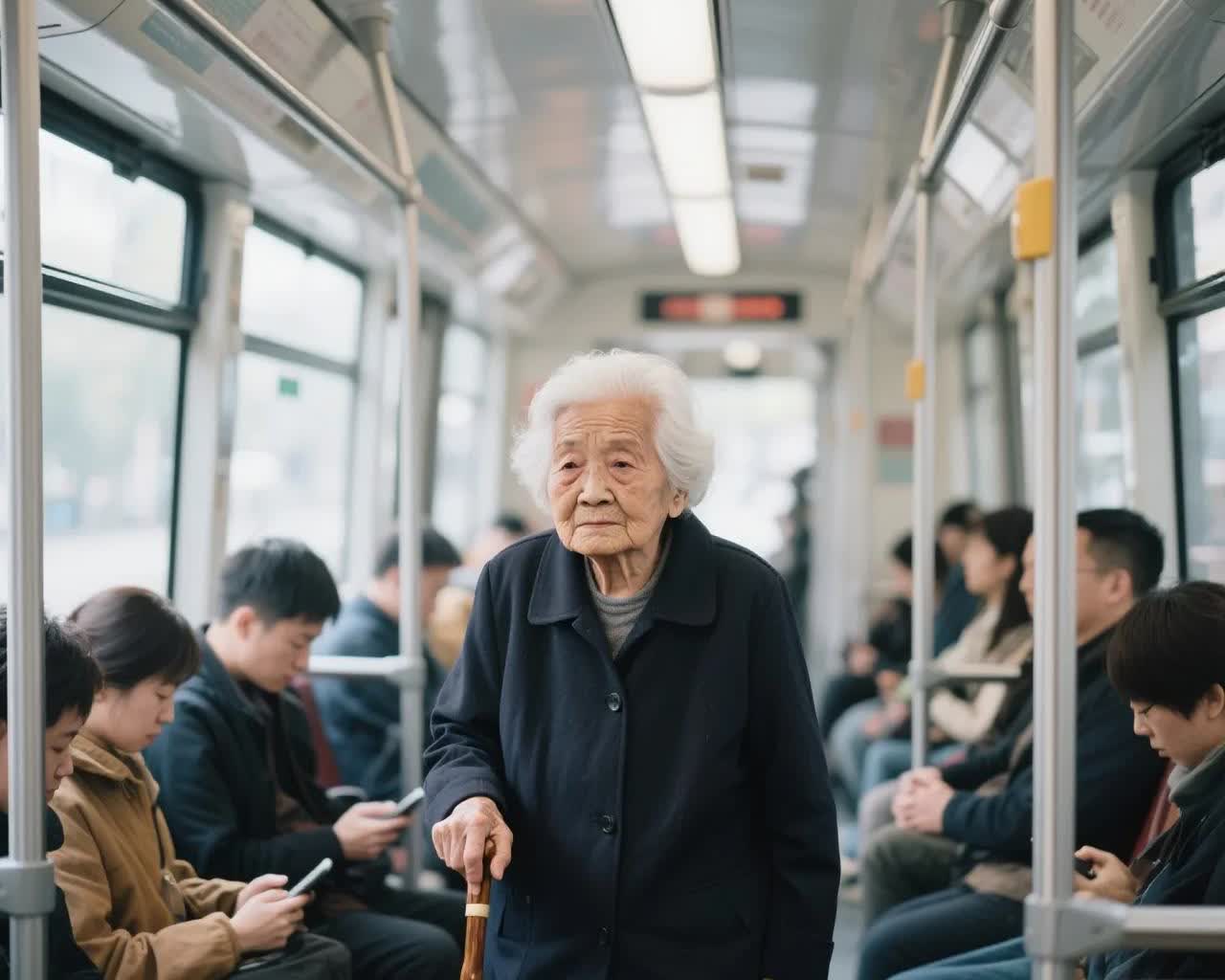 前天在公交车上，看到白发苍苍，身体佝偻的站在一位三十多岁的男子旁边，她左顾右盼，
