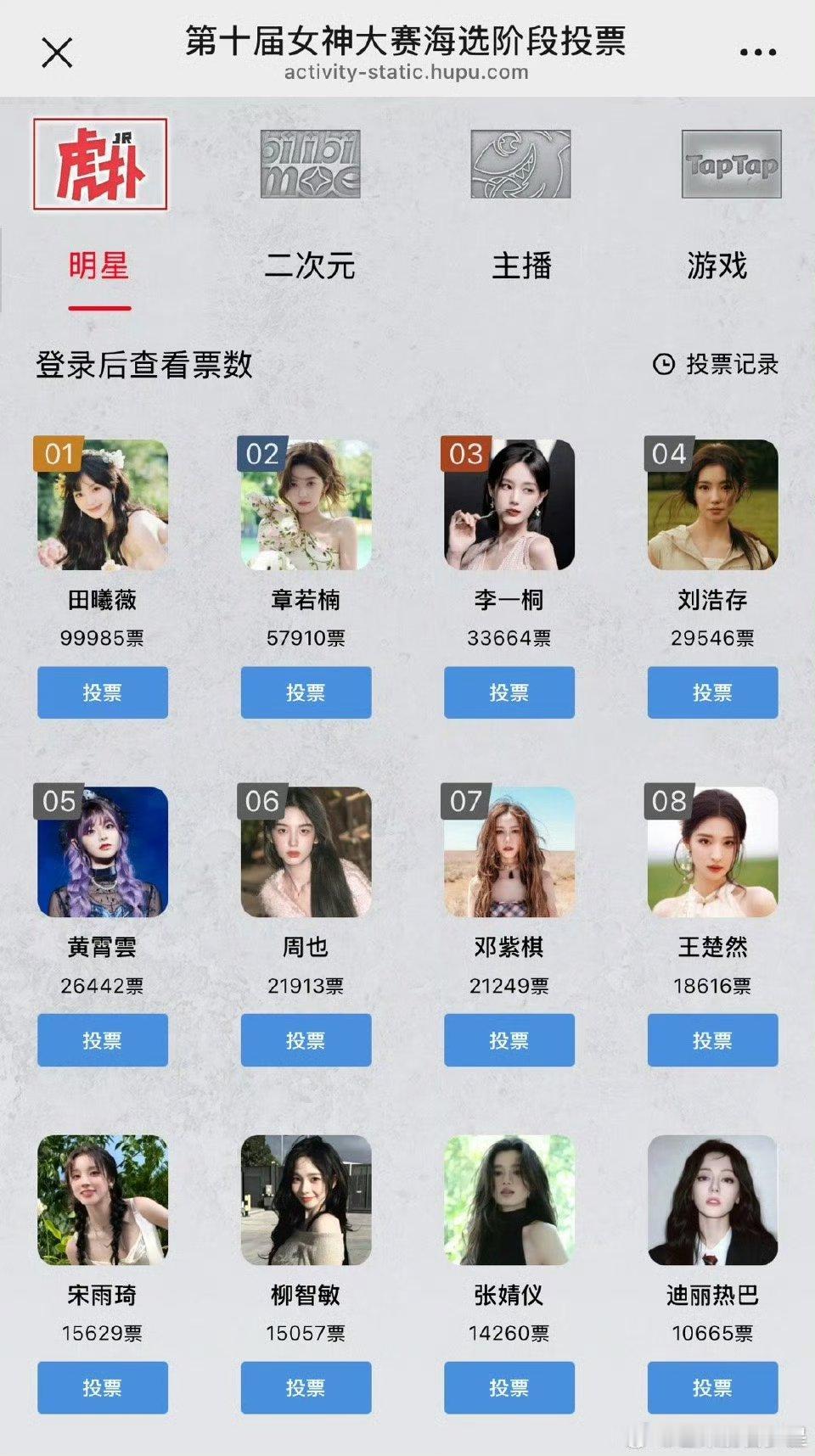 虎扑女神大赛投票新的内娱四大美女:田曦薇章若楠李一桐刘浩存​​​