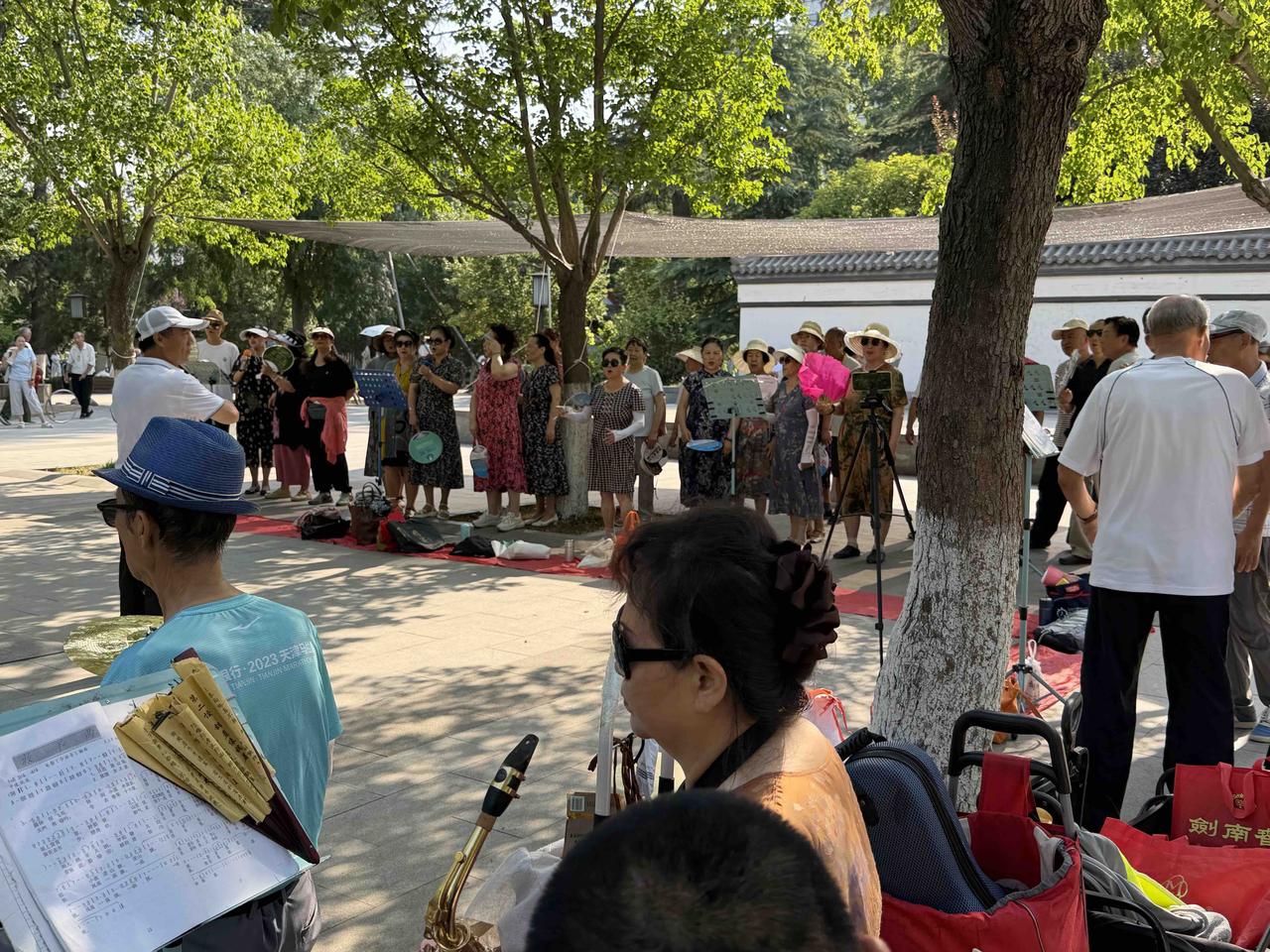 前天上午，我逛西安兴庆宫公园，走到东门南边时，看到一个合唱团冒着高温在唱歌，＂达