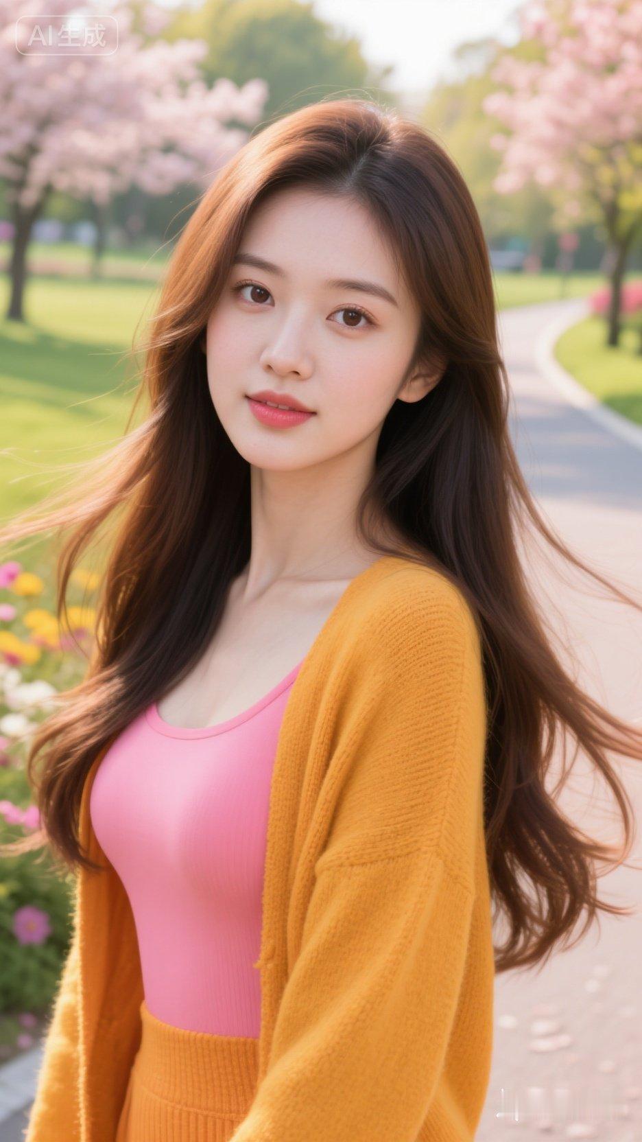 春日漫步，粉裙与黄衫的清新碰撞，花海中的少女，温柔如风。🌸💐🌼