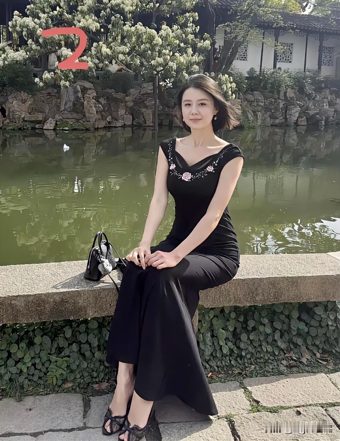 园林静卧，碧水映着白墙黛瓦。黑裙垂落，绣花缀成春日的诗行。她坐石上，风拂