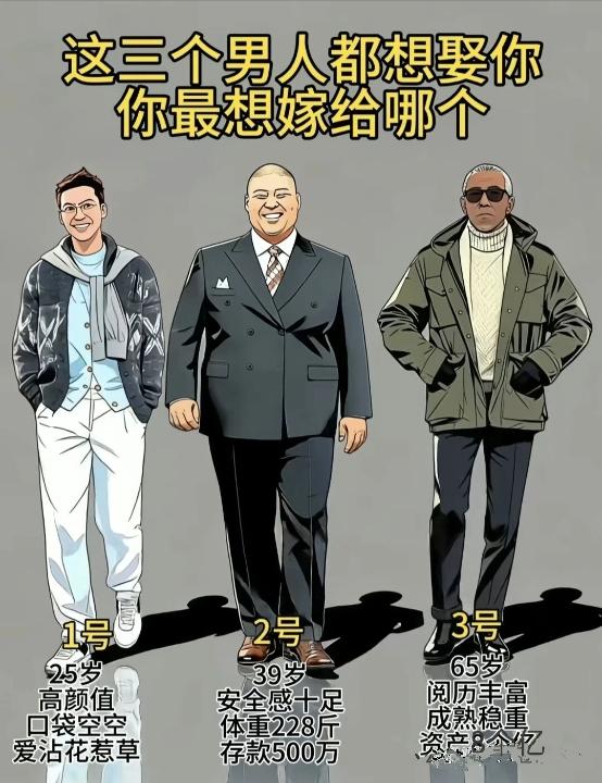 如果三个男人都想娶你为妻，姑娘，你最想嫁给哪一个呢？1号，年轻，帅气，花心，没
