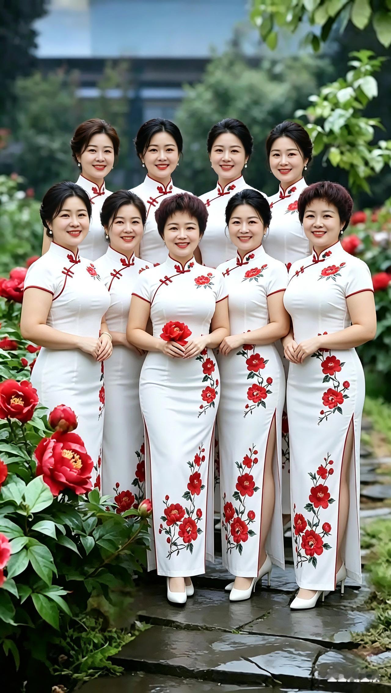 一群穿着旗袍的女士在花园里合影。有两位女士福气最好，旺夫相，看看你的眼光，找出来