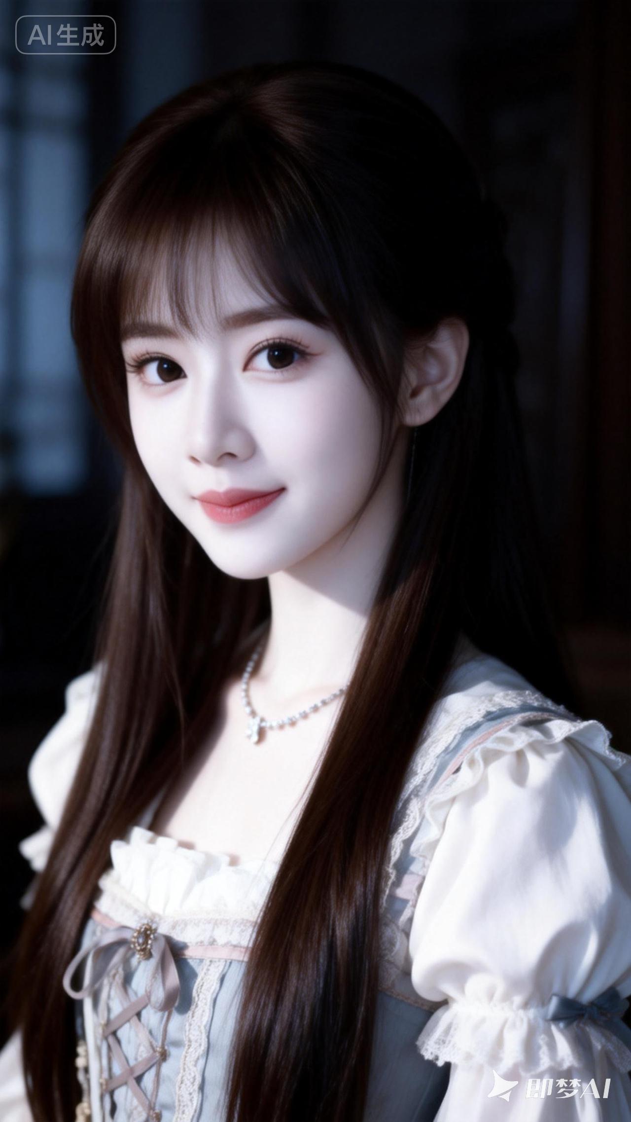 画面中的离尘师妹模样极为可爱，有着幼态脸蛋，有着可爱无辜且眼睑下至的眼睛。她拥有