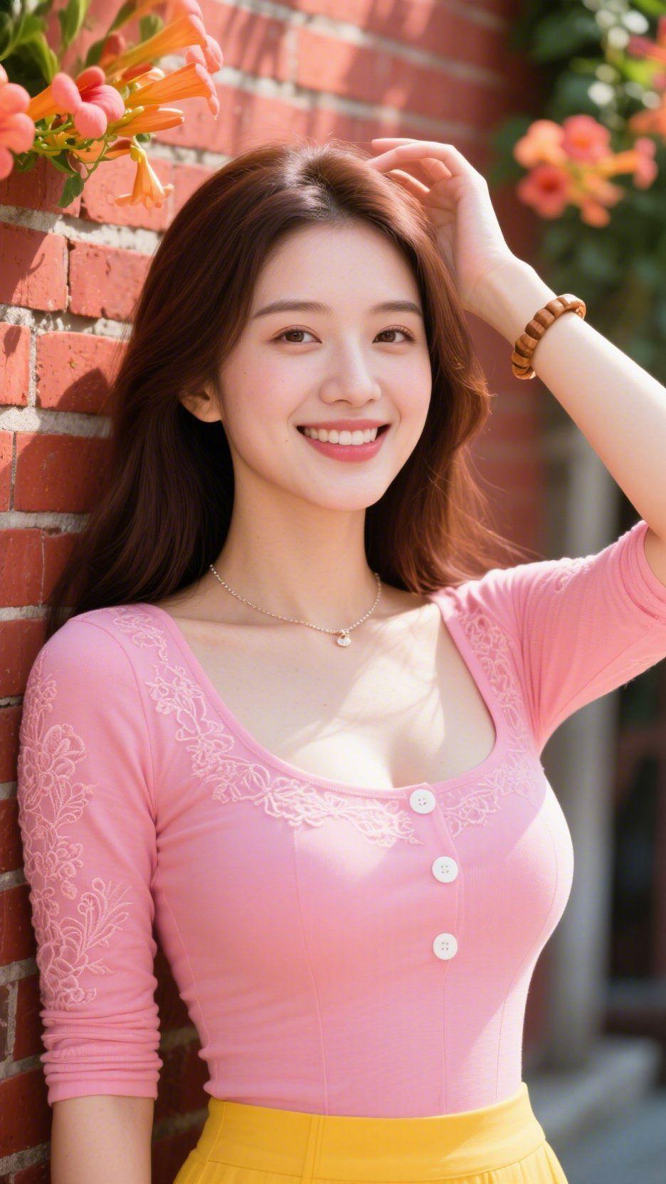 《粉衫里的夏风轻柔》红砖墙浸在晴光里，她身上的粉衫像揉软的桃色云絮，裹着夏