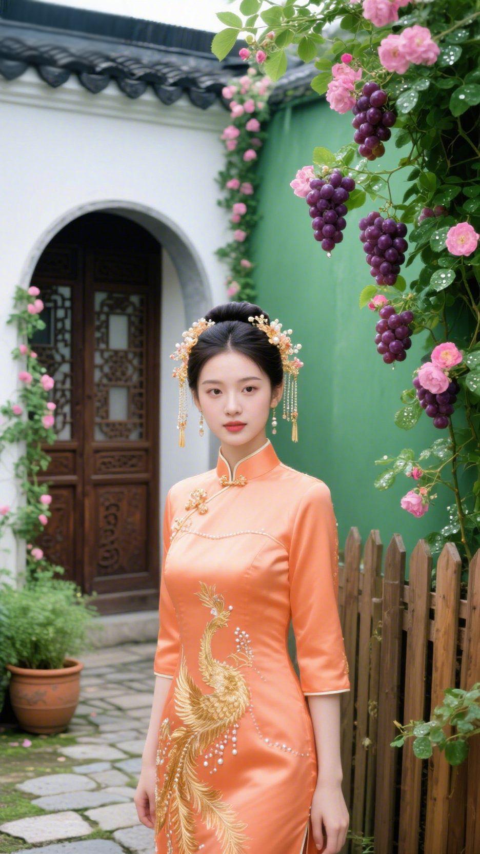 庭院清夏白墙黛瓦沐晨光，石径苔青覆嫩凉。粉蔓攀檐绽艳芳，紫珠垂架溢清