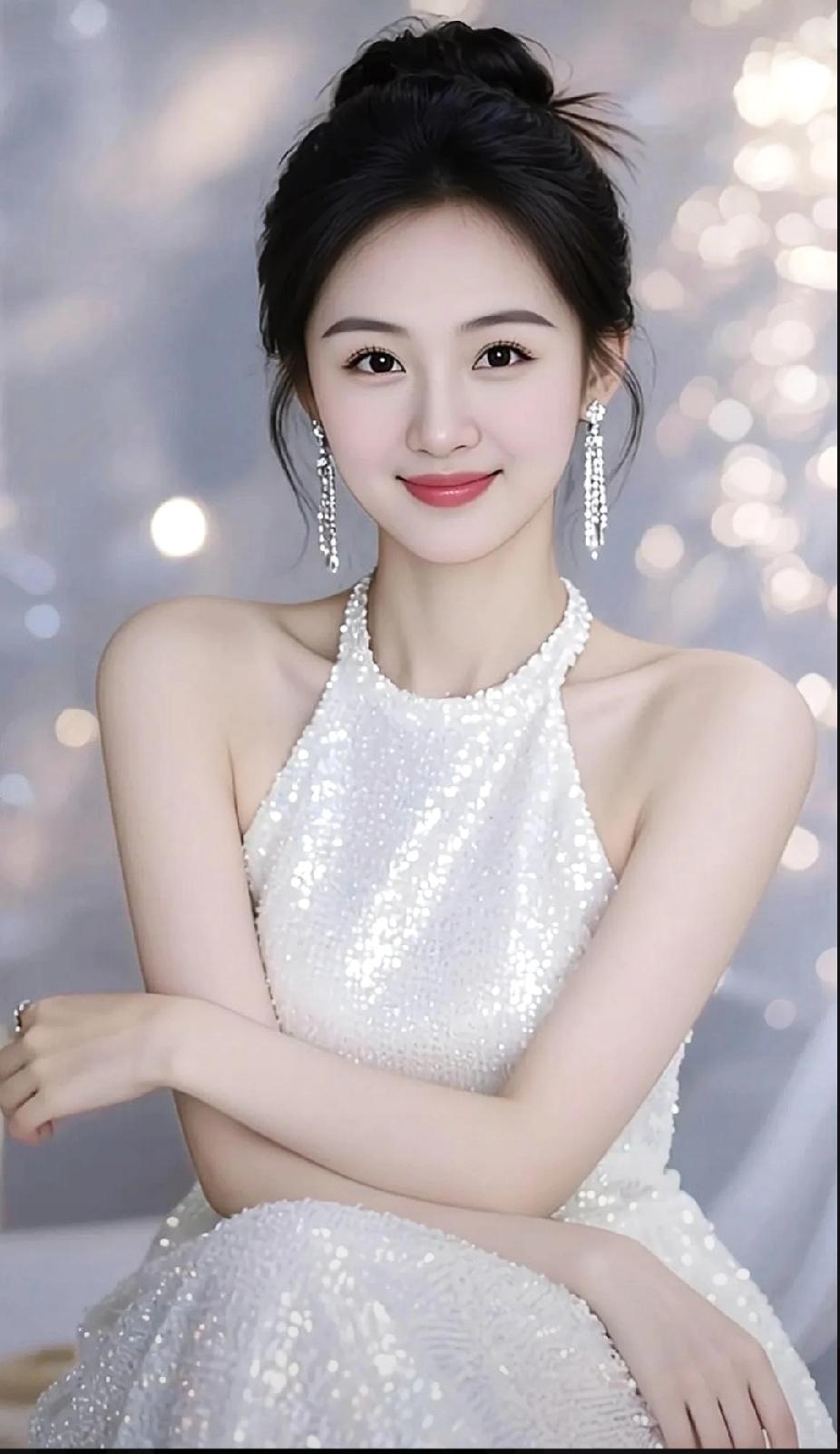 优雅仙女风，闪闪发光的白色礼服，甜美笑容，梦幻背景