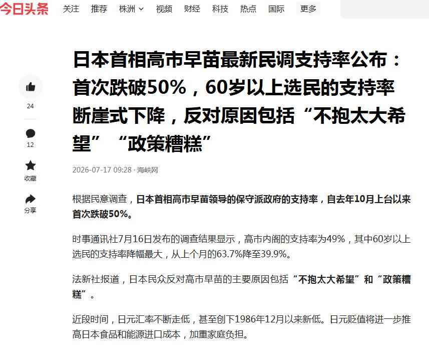 如果依靠日本民间民调迫使高市早苗下台，可能性并不大。想要依靠更换首相扭转日趋紧